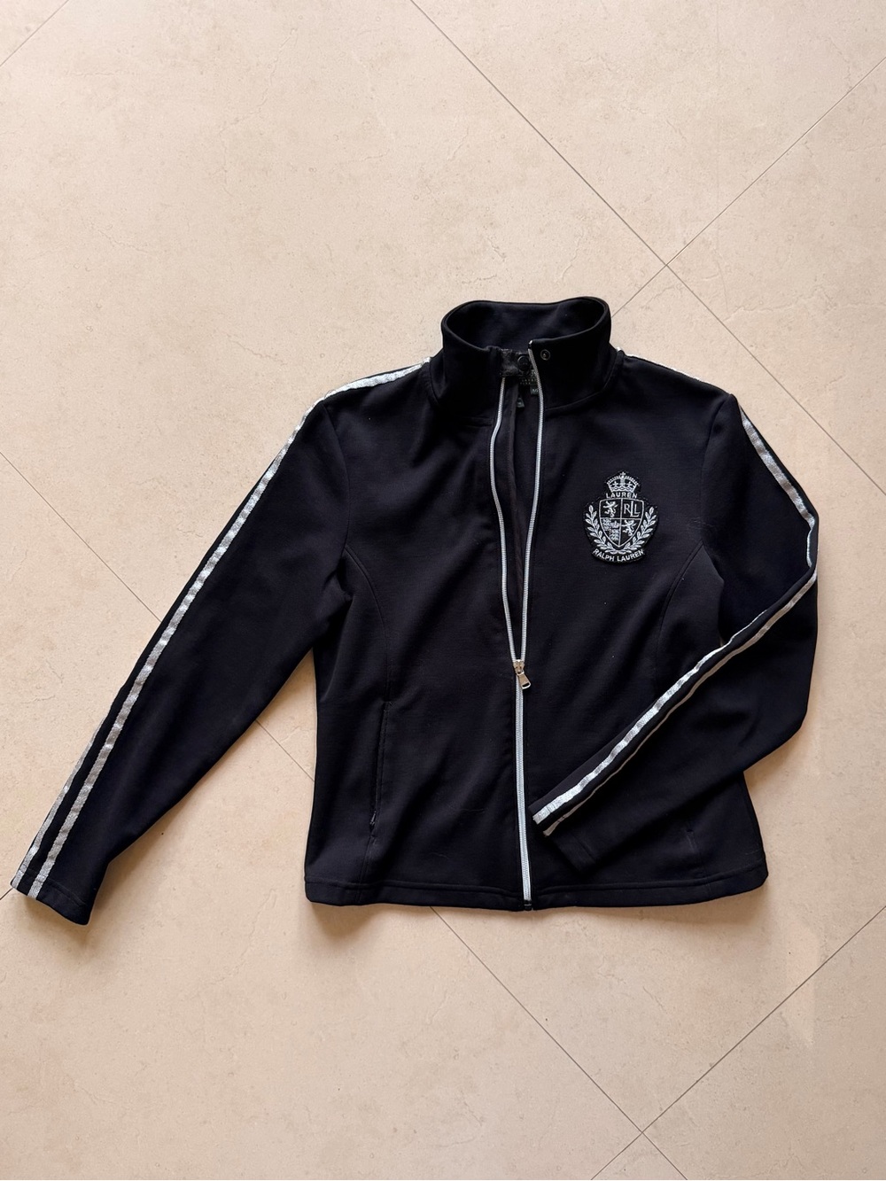 Ralph Lauren Black Track-Style Bomber Jacket with Silver Trim